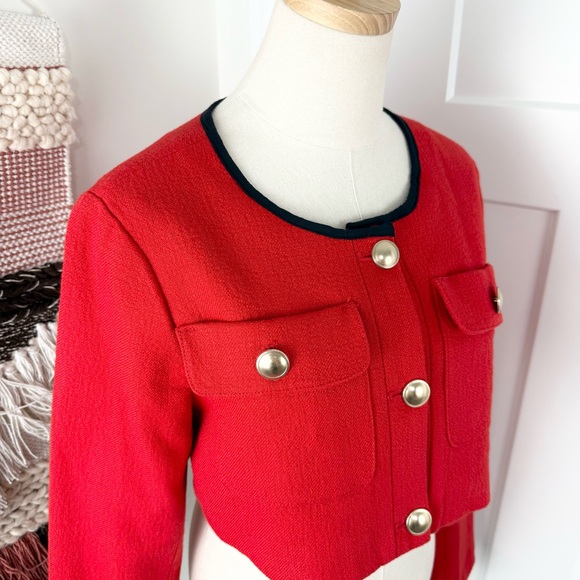 MAEVE Anthropologie Shrunken Tweed Jacket Red Sz 8 NWT Gold Buttons Cropped - Picture 4 of 12